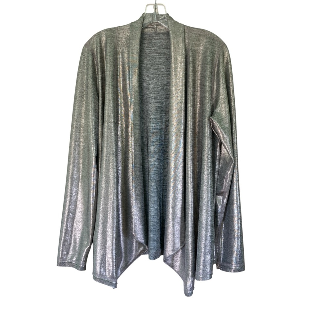 Three Dots Foil Printed Silver Open Front Shawl Collar Cardigan (Size L) - Picture 2 of 14